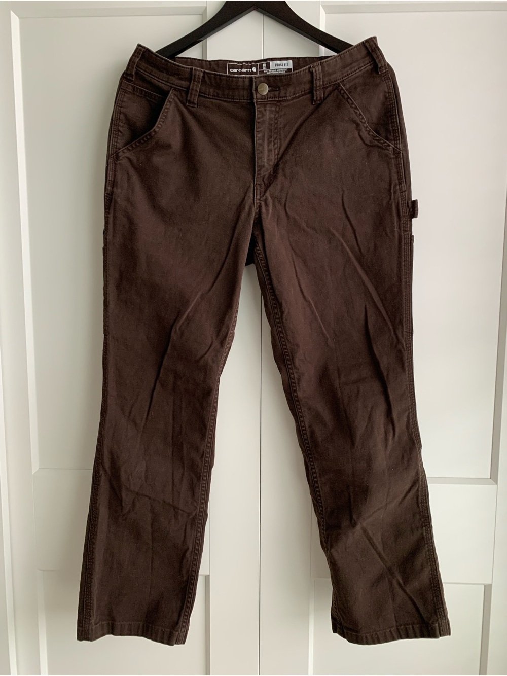 Carhartt Women’s Rugged flex loose fit Brown Canvas Work Pants size 10 Tall